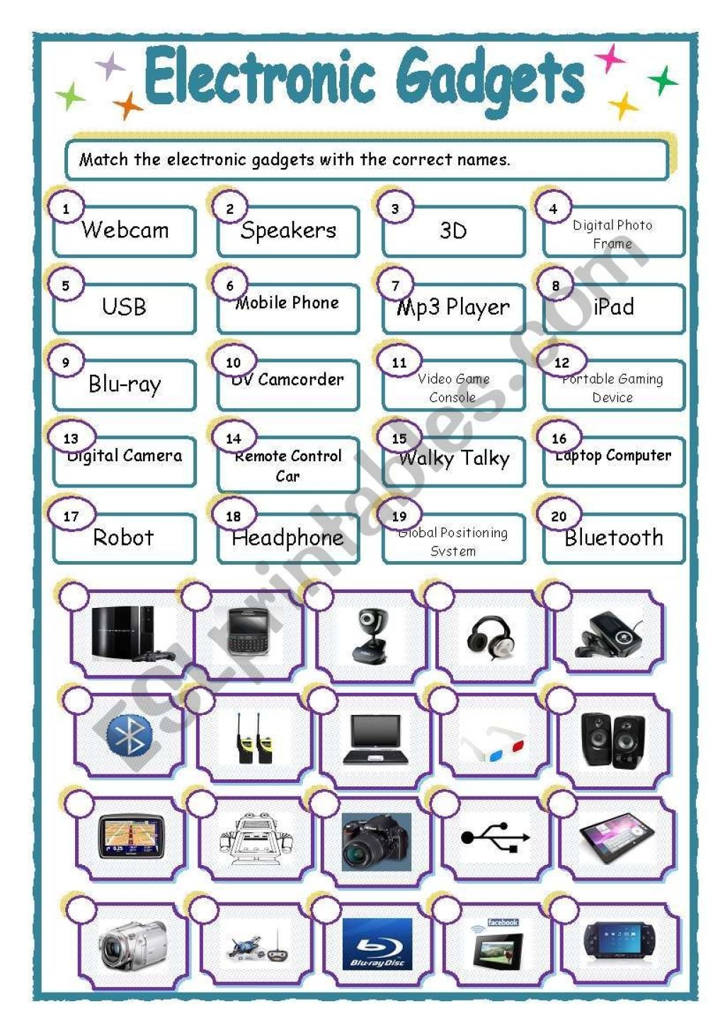 Picture of: Electronic Gadgets – Matching – ESL worksheet by dingjai